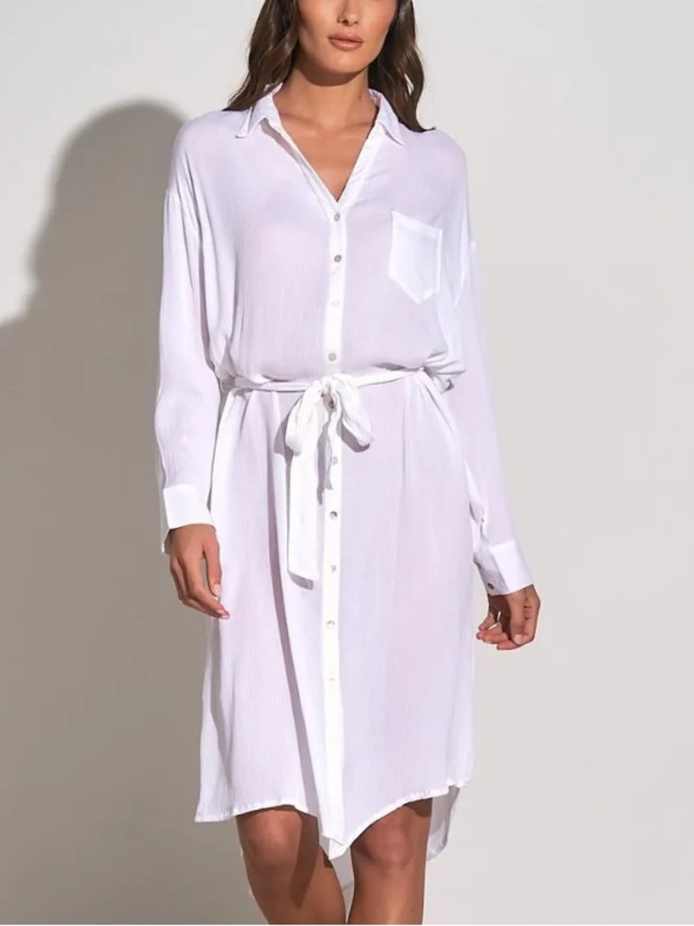 White Button-Front Shirt Dress with Tie Waist swimsuit cover up dress